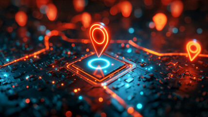 Gps navigator icon pointer on red electrical circuit