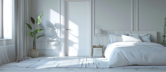 A white door leading to a contemporary bedroom interior was opened.