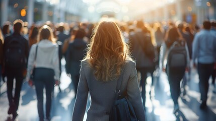 Back view of a young woman with long red hair in a gray coat on a background of a crowd of people