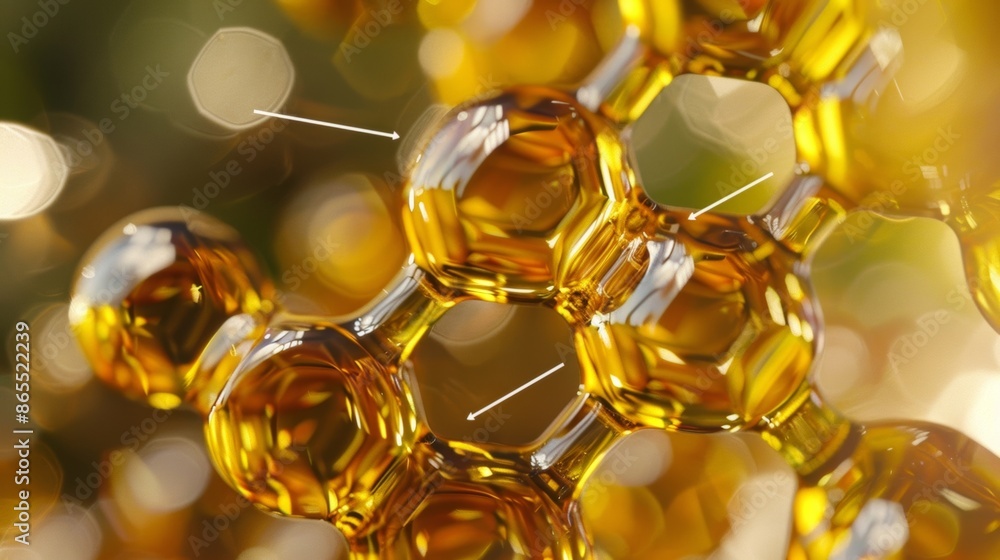 Poster a closeup image of the chemical structure of oleic acid with a label pointing to the double bonds th