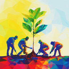 Men plant tree polygon art style