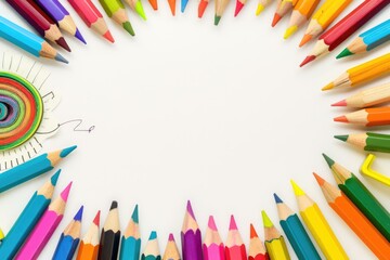 Fototapeta premium Colorful Children's Drawings Background with Rainbow Spiral and Crayons for Creative Projects