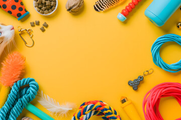 Obraz premium Vibrant yellow background with pet toys and accessories