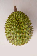 Spiky smelly durian fruit with tough skin and sweet flesh, emitting powerful and unique aroma,...