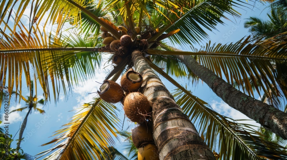 Poster A person carefully balancing on a tree branch reaching out to collect ripe coconuts from the towering palms above.