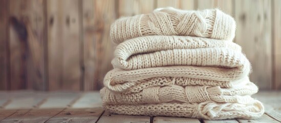 White cozy knitted sweaters stacked on a wooden table