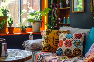 Eclectic and Vibrant Living Room with Air Freshener and Artistic, Colorful Decor Elements