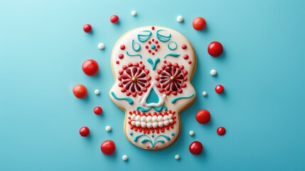 Skull shaped cookie with topping on blue backdrop for Day of the Dead