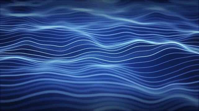 Seamless loop screensaver with striped wave field made of shiny dots and  smooth lines with blue glow effect. Elegant background with vibrant stream of floating waveforms. Abstract animation 4k 30fps