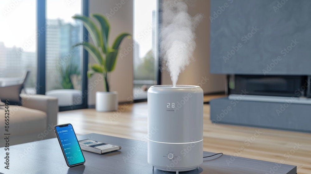Poster high-tech smart air humidifier in modern home setting with smartphone control display
