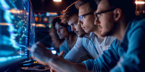 Team of Programmers Coding Together in Dark Room | Software Developers Collaborating on Project