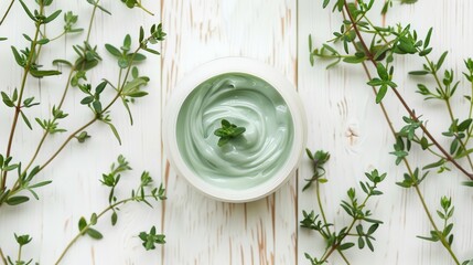Cosmetic gel with menthol and thyme twigs on a table made of white wood