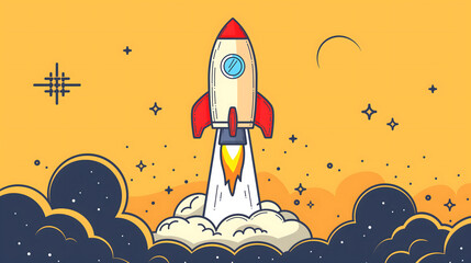 Fototapeta premium Rocket ship taking off, representing a startup company experiencing rapid growth and reaching new heights. 