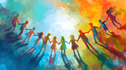 Group of children who are friends holding hands. Watercolor style illustration.