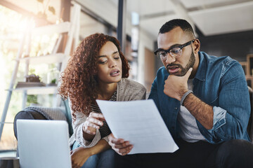 Insurance, budget paperwork or couple with laptop, financial documents and planning savings. Review, reading taxes or people organizing bills for finance or paying debt with loan policy in household