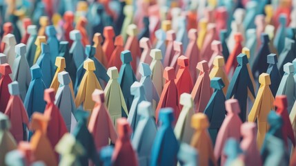 large crowd of diverse origami paper craft people overpopulation and demographic diversity concept