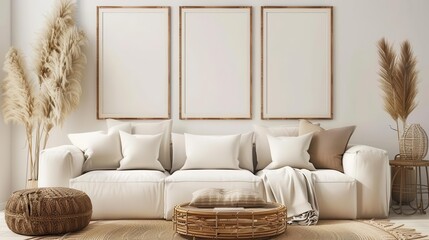 large vertical poster frame mockup in stylish living room interior with gallery wall cozy home decor 3d rendering