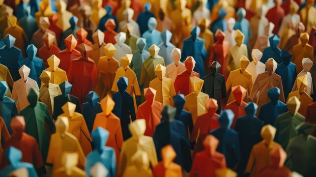 large crowd of diverse origami paper craft people overpopulation and demographic diversity concept