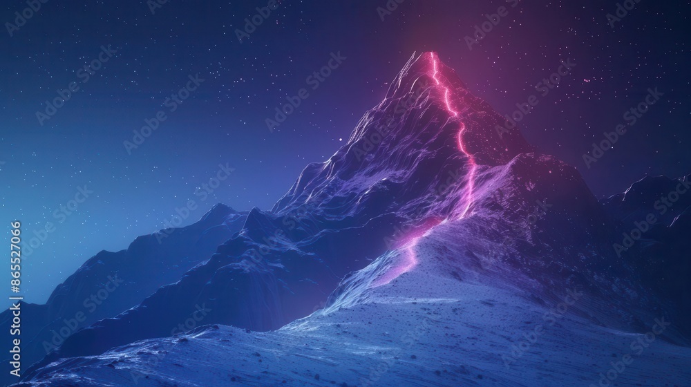 Poster luminous ascent futuristic mountain with glowing path to summit symbolizing achievement and technolo