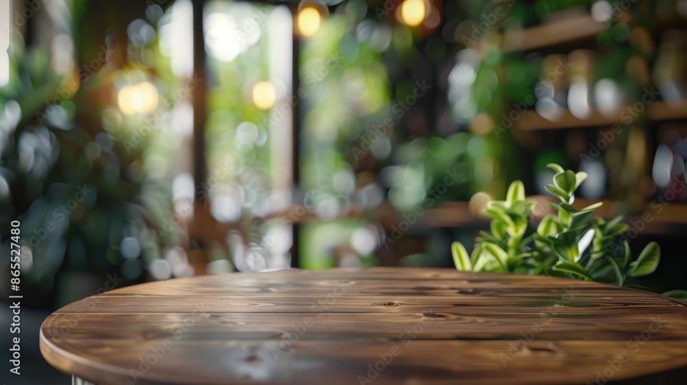 Poster luxurious cafe setting with round mahogany table and blurred background for product display