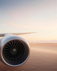 Airplane engine in the desert at sunrise.