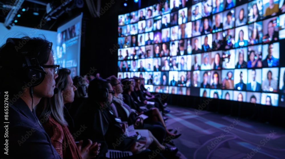 Poster A large audience sits in a dimly lit conference room, watching a live video feed displayed on a large screen. The feed shows a grid of many small video windows, showcasing different people.