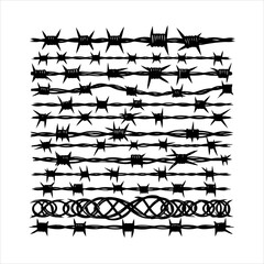 Barbed wire collection vector. Barbed wire logo. Razor Wire in trendy minimal geometric style. Brutal prison fence collection. Isolated barbed wire on a white background