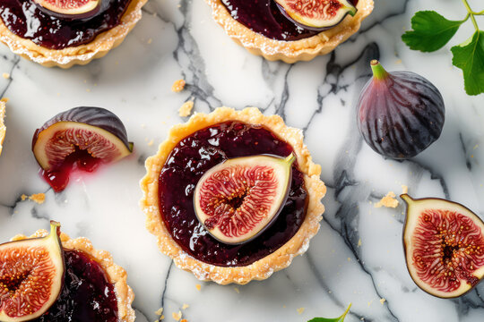 fig tartelettes on a marble surface garnished with fresh fig slices