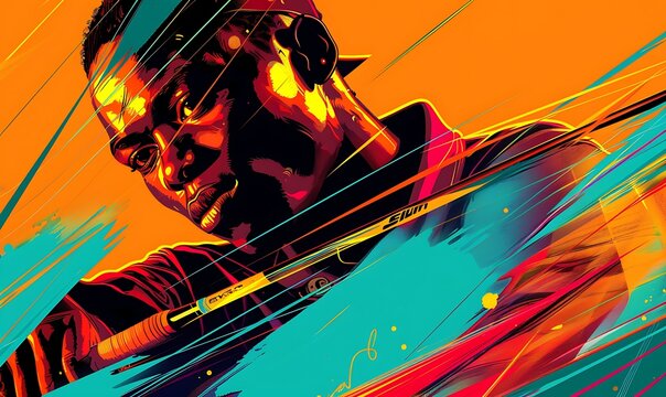A powerful illustration of a player with intense focus, rendered with vibrant colors and bold lines