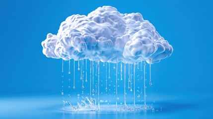 A surreal image of a fluffy white cloud raining on a vibrant blue background, creating a dreamy and imaginative scene.
