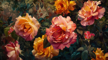roses with rich colors, yellow, pink and orange  against a dark, moody background