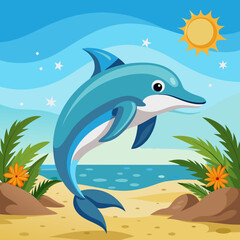 Obraz premium Dolphin preoccupied runs beach vector illustration
