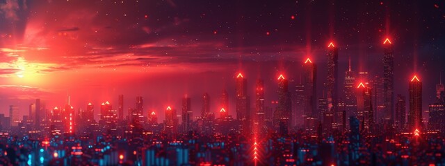 Obraz premium Illustrations of red upward arrows, money symbols, and bar graphs indicating financial growth and success.