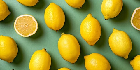 Fresh lemon pattern on a bright green color background flat lay, healthy summer fruit backgrounds.