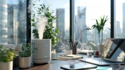 Modern Office with Air Humidifier on Desk Surrounded by Plants, Laptop, and Supplies