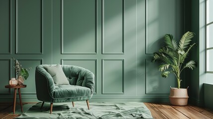 A stylish and sophisticated living room featuring a green color scheme and minimalist decor. The photo provides ample copy space, perfect for incorporating text or graphics into your design.