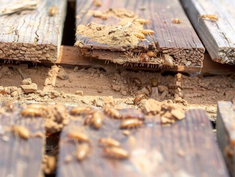 Close-up of termite damage on wooden planks, highlighting the destructive effects of termite infestation on wood structures.