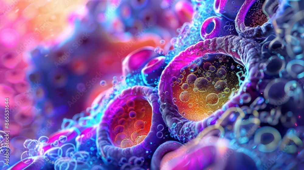 Poster microscopic wonder colorful closeup of cell structures and organelles in vibrant abstract style scie