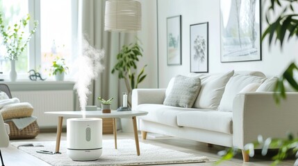 Modern Living Room with Air Humidifier, Sleek Furniture, and Natural Light