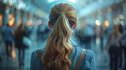 Blonde girl with long hair in the shopping center. Blurred background.