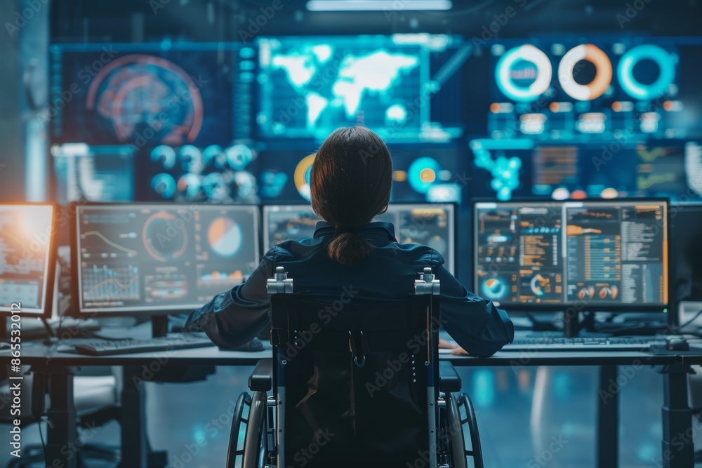 Poster tech savvy individual in a wheelchair analyzing data on multiple screens in high tech office