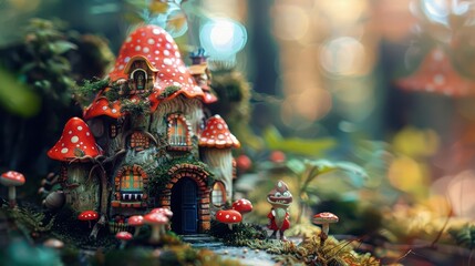 Fototapeta premium miniature fairy tale world tiny magical village hidden in a forest clearing with intricate details and whimsical characters tiltshift photography