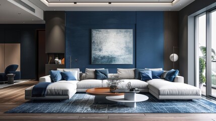 An elegant living room design in indigo hues, featuring clean lines and a clutter-free space, ideal for projects requiring a sophisticated and modern look.