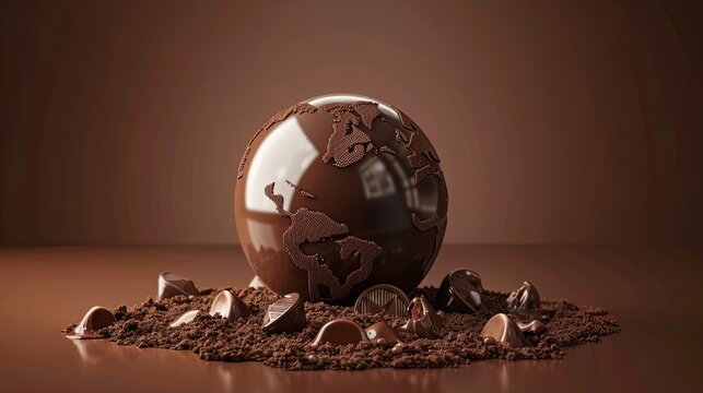 A earth globe made of chocolate on brown background with copy space, representing the global celebration of World Chocolate Day.