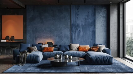 An indigo-themed living room interior, characterized by its minimalist style and clean lines, providing an elegant and understated backdrop for various design projects.