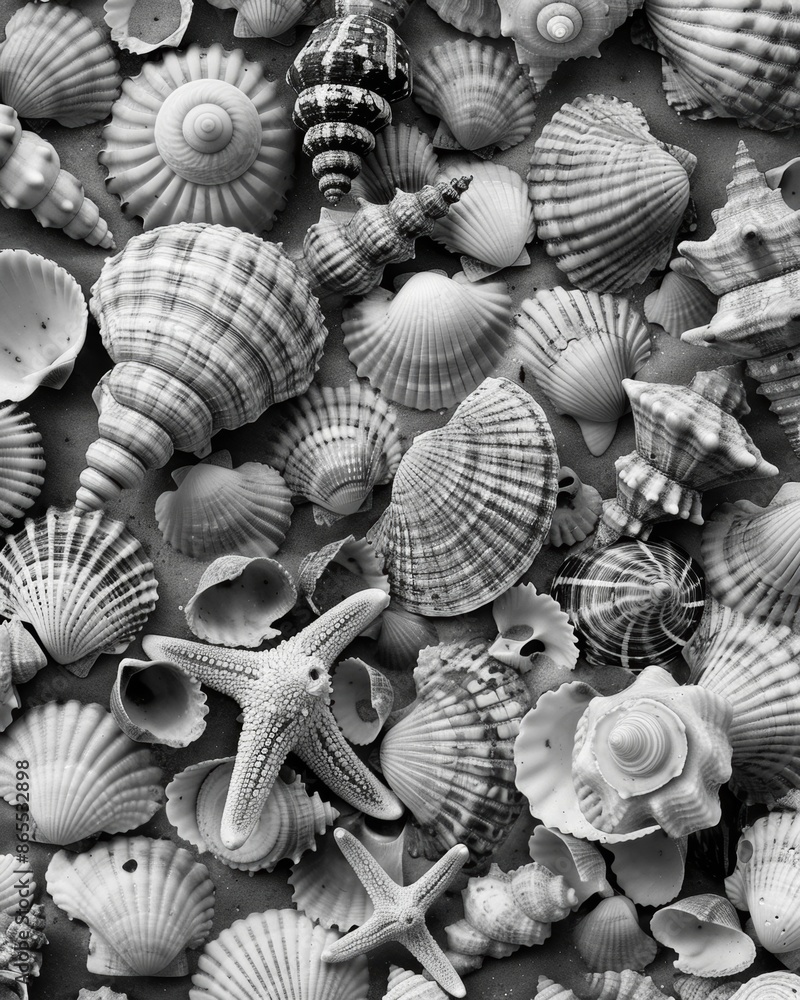 Aufkleber a of tiny seashells each with their own unique texture and pattern. black and white art