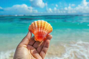 hand holding a bright orange seashell  treasure on a sunny tropical beach