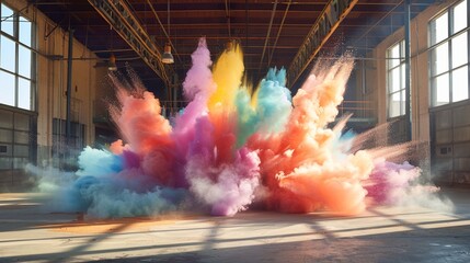 Surreal scene of large burst of colorful powder pigment painting explosion in an empty industrial storage room, concept of creation, innovation, ideas, technology,
