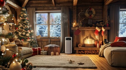 Holiday Cabin with Air Humidifier, Festive Decorations, Fireplace, and Comfortable Seating