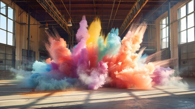 Surreal scene of large burst of colorful powder pigment painting explosion in an empty industrial storage room, concept of creation, innovation, ideas, technology,